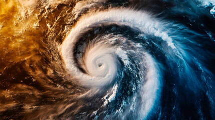Fototapeta premium Close-up of swirling hurricane clouds viewed from above, intense and powerful weather phenomenon