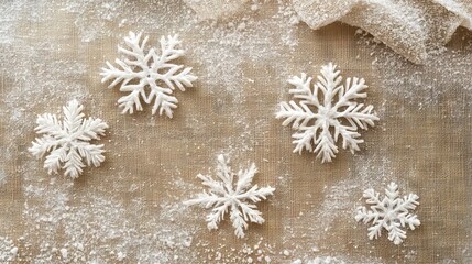White Snowflakes on Fabric Background: Winter Holiday Decoration
