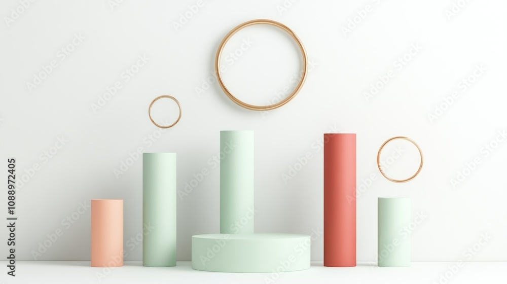 Aufkleber Abstract composition of cylindrical shapes and circles in soft colors against a minimal backdrop.