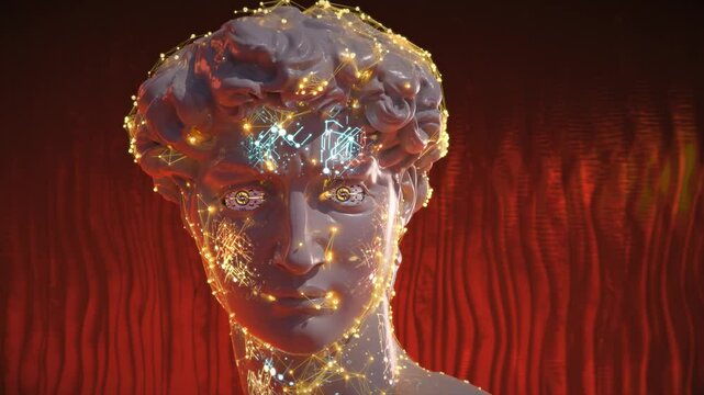 3D render of an artificial intelligence made is made up of lines and connections, red background