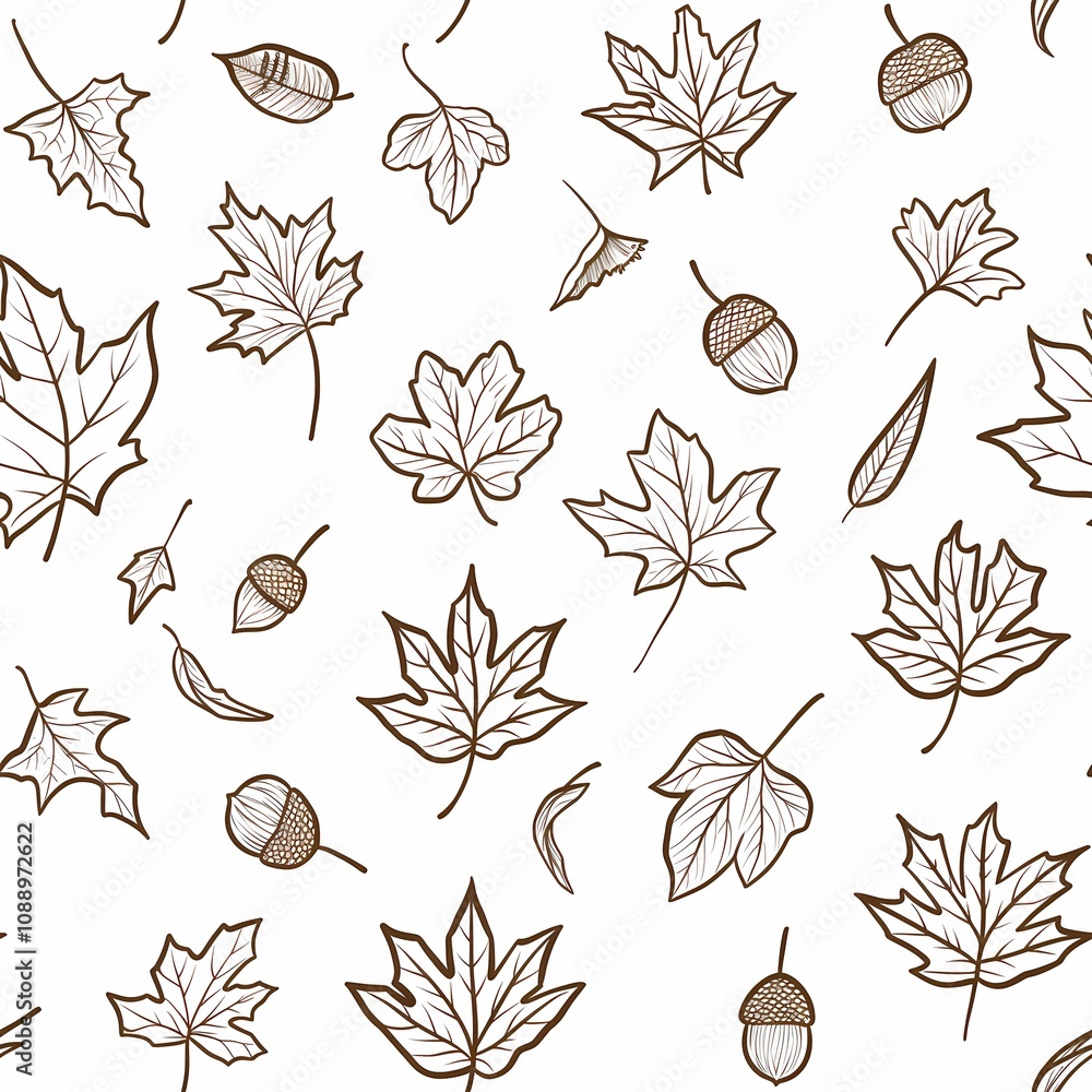 Poster autumn leaves and acorns seamless pattern: a delicate and charming autumnal pattern featuring a whim