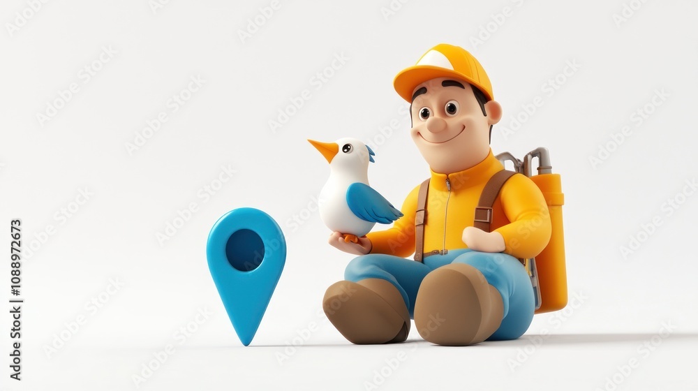 Aufkleber A cheerful character sitting with a bird and a location marker, symbolizing exploration.