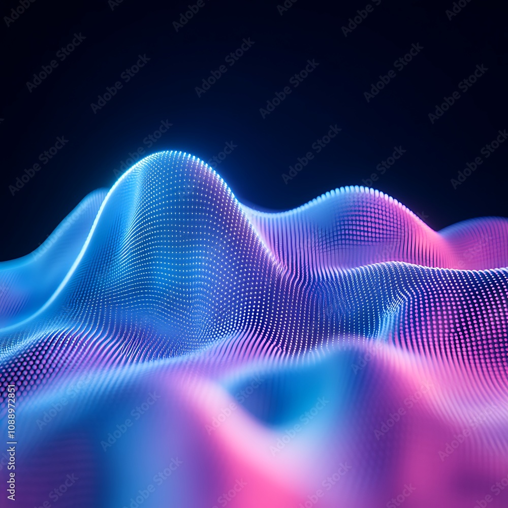Poster abstract digital landscape with undulating waves illuminated by vibrant blue and pink lights, showca