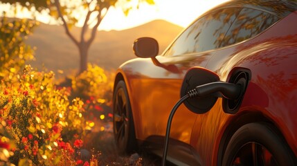 An electric vehicle is parked in a picturesque setting, where it is plugged in for charging. The backdrop features colorful blooming flowers and rolling hills, illuminated by the warm glow of sunset.