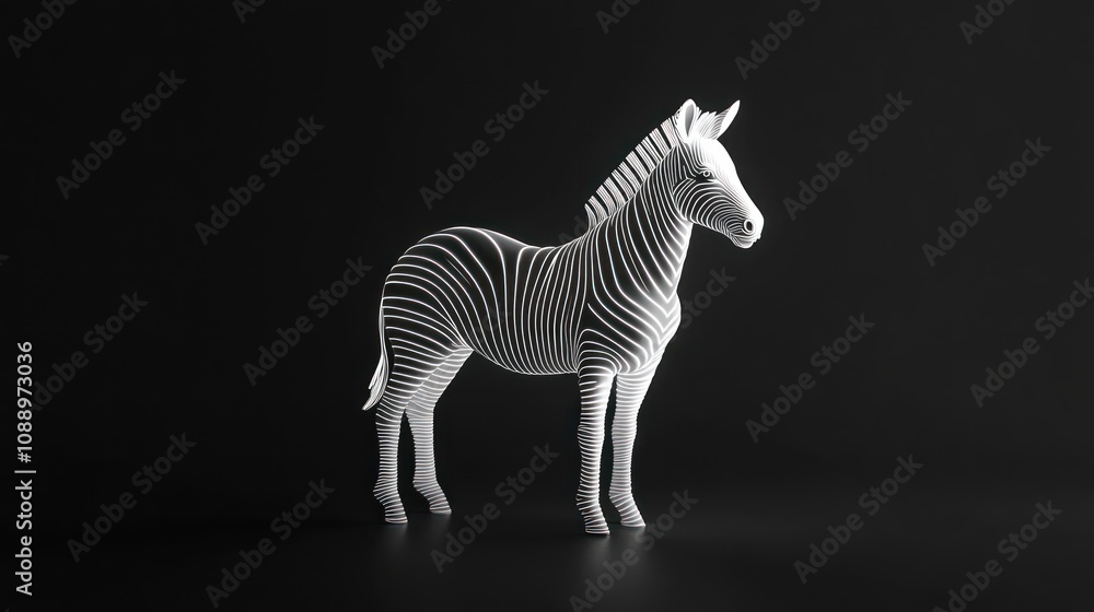 Poster a stylized zebra sculpture with striped patterns against a dark background.