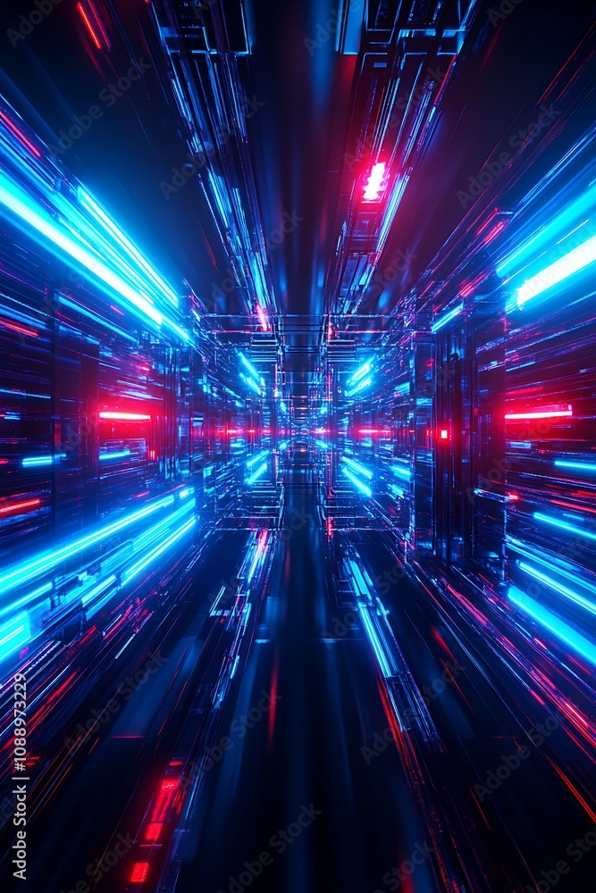Aufkleber abstract digital tunnel with dynamic blue and red neon lights creating a futuristic and high-tech at