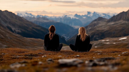 Couple hiking in the mountains, admiring the view and spending screen-free time together