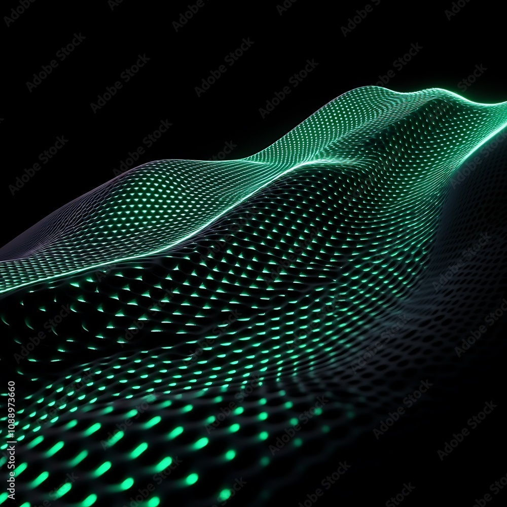 Poster abstract digital wave pattern with neon green dots and smoother curves, representing technology and 