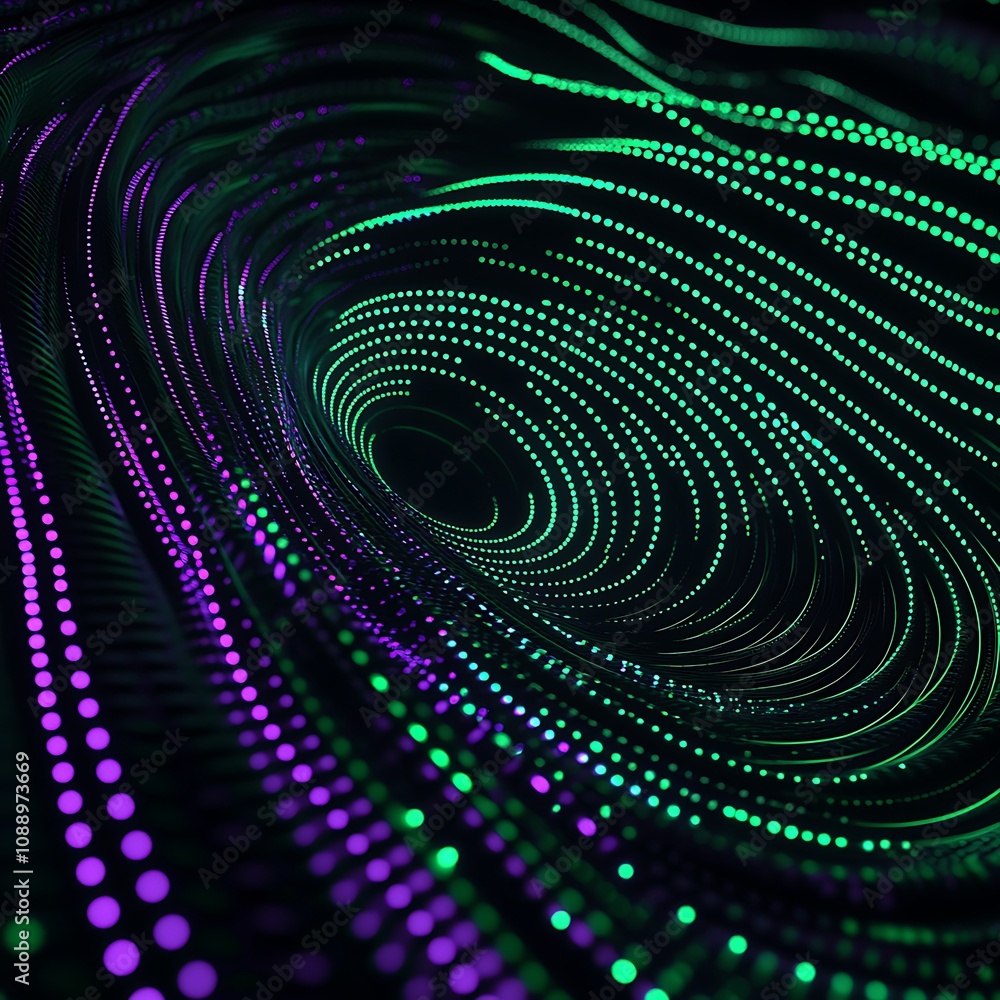 Poster abstract digital wave with colorful light dots in green and purple, representing technology and data