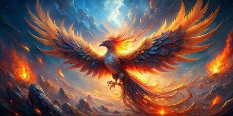 Majestic Phoenix Rising Above Fiery Landscape with Bright Flames and Dramatic Sky, Symbolizing Rebirth, Strength, and Transformation in Mythology