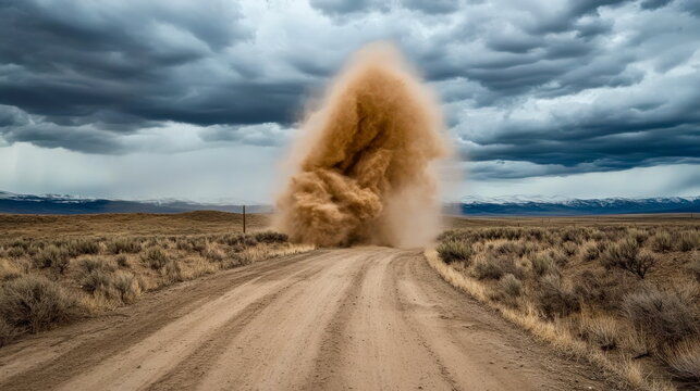 Dust devil forming in a dry, arid landscape, creating a whirlwind of dust and debris