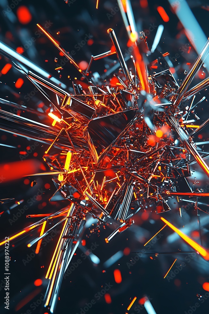 Aufkleber abstract explosion of shiny metallic structures with fiery orange and red light flares in a dark bac