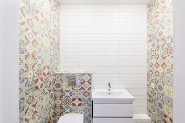 interior apartment room bathroom, sink, decorative elements, toilet. WC, sanitary unit, wash room