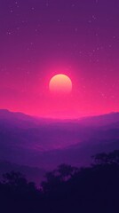 Fototapeta premium Vibrant pink and purple sunset illuminating rolling hills and trees, creating a dreamy and surreal landscape