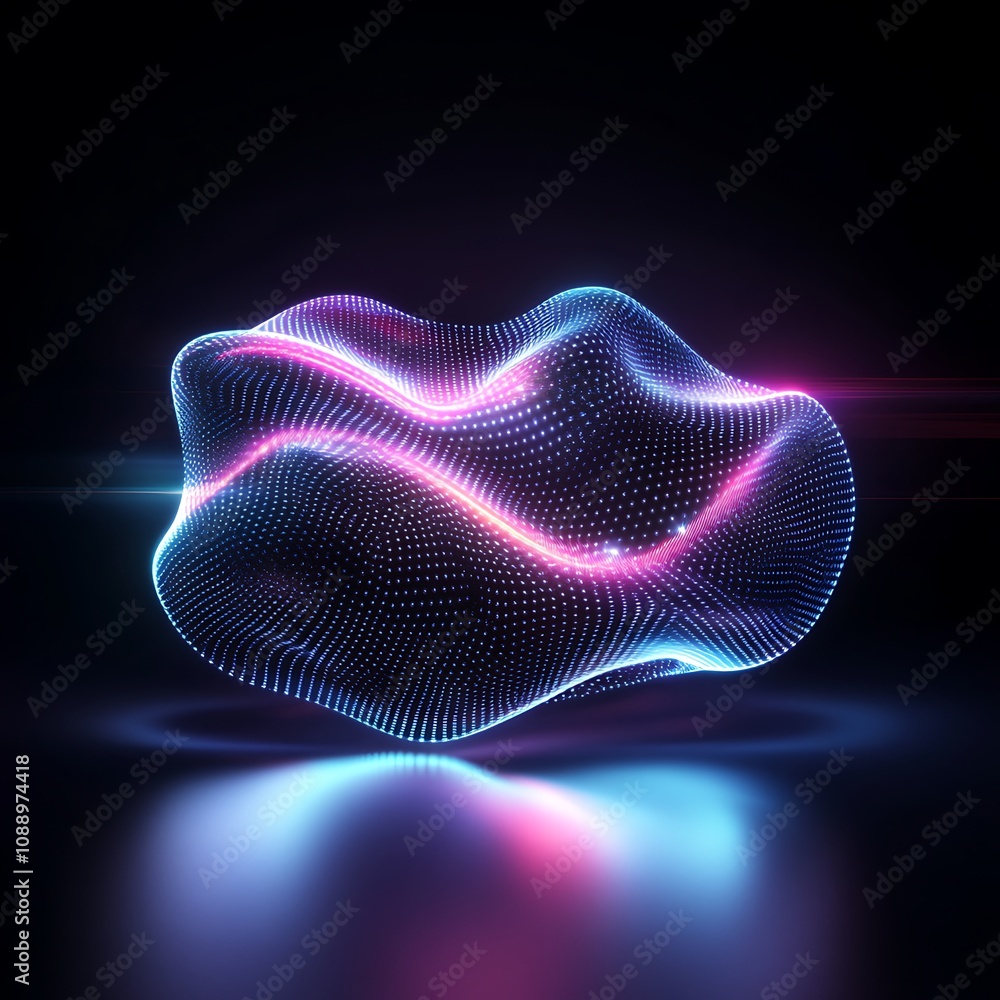 Poster abstract flowing shape with neon lights in a dark environment, emphasizing light interactions and di