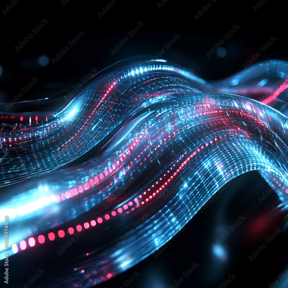 Poster abstract flowing waves of light and data, showcasing vibrant blue and red colors, representing techn