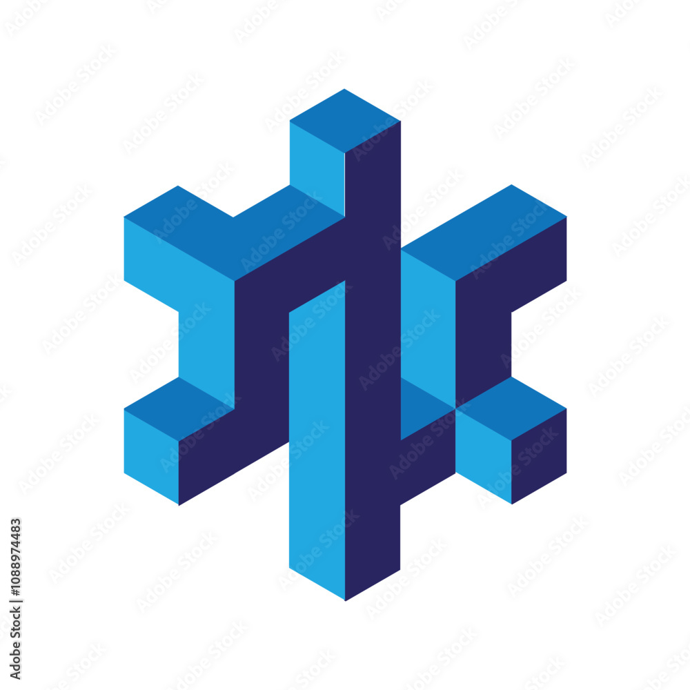 Poster this is a 3d logo design of an initial letter n logo in blue in abstract block style