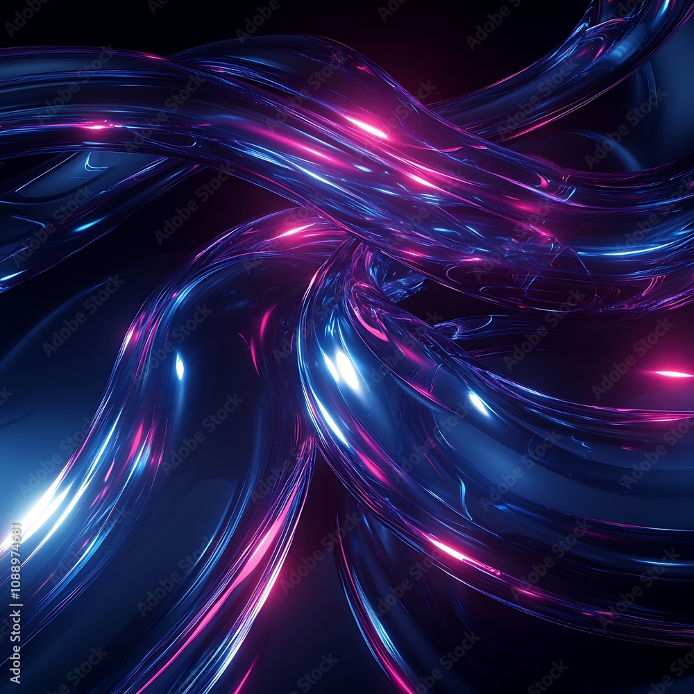 Poster abstract fluid movement with luminous twists and glowing reflections in a dark background for creati