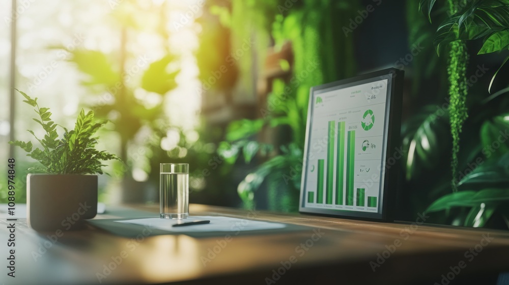 Poster a workspace with greenery, featuring a chart display and a glass of water.