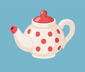 Cute cartoon white porcelain teapot with red polka dots and red lid. Teaware for brewing tea.