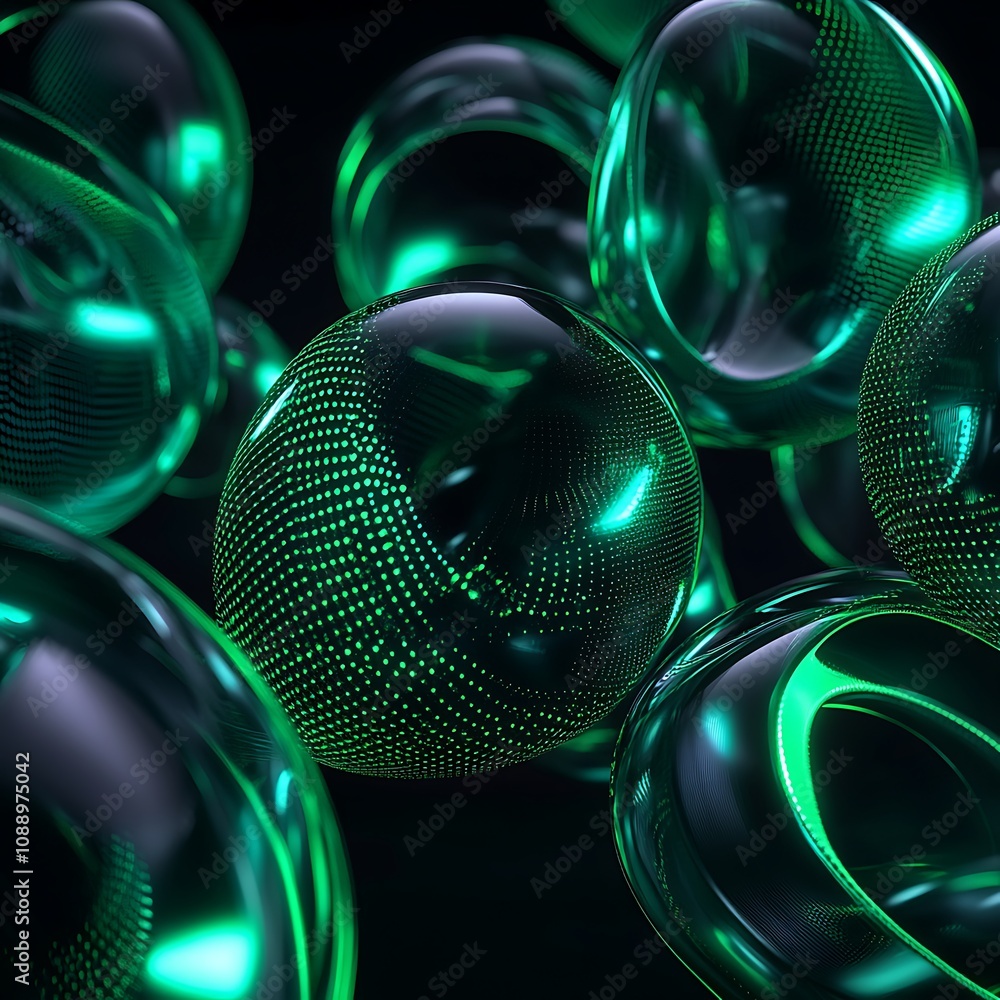 Poster abstract futuristic background featuring glowing green spheres with intricate patterns, creating a v