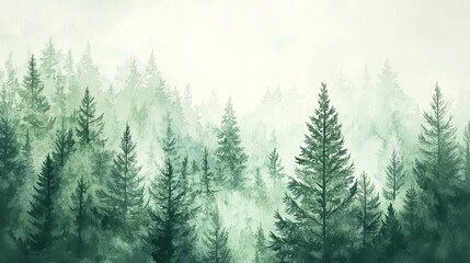 Fototapeta premium Watercolor Painting of a Misty Forest with Pine Trees - Nature Art Print