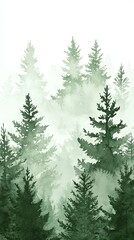 Fototapeta premium Watercolor Painting of a Foggy Forest with Pine Trees