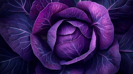 Obraz premium A vibrant close-up of a fresh purple cabbage, showcasing its richly colored leaves and detailed vein patterns. The deep violet tones and layered structure create a striking and natural composition.