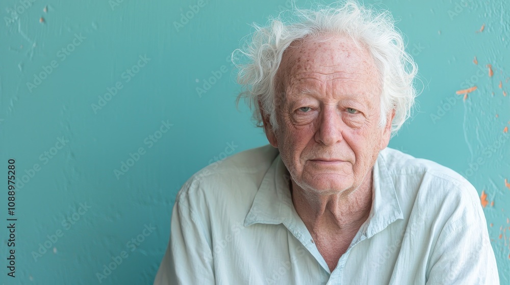 Poster an introspective portrait of an older man against a colorful background capturing the depths of expe