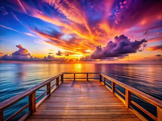 Fototapeta premium Stunning Sunset Over the Ocean with a Wooden Deck, Capturing Tranquil Waters, Vibrant Skies, and Serene Atmosphere for Architectural Photography