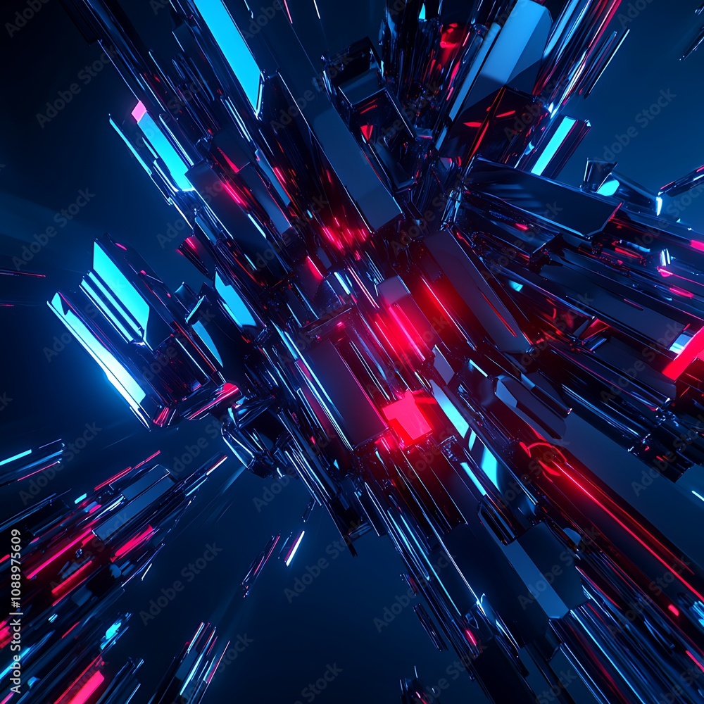 Poster abstract futuristic background with glossy metallic cubes and colorful neon lights creating a dynami