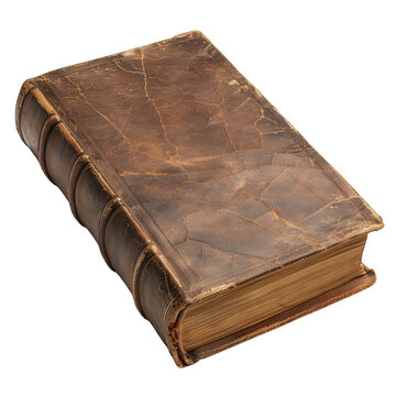 Vintage brown leather bound book with worn cover isolated on transparent background cutout png