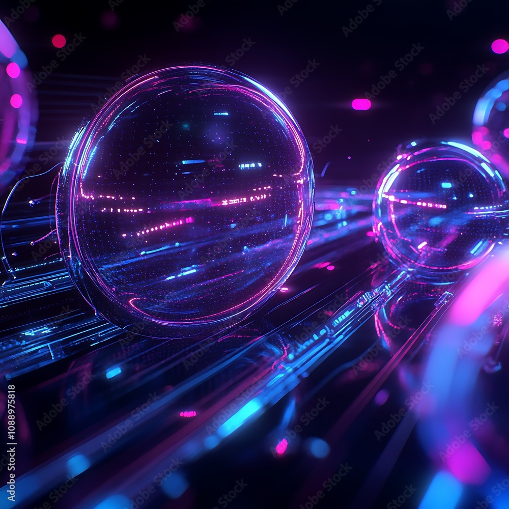 Poster abstract futuristic background with glowing spheres and light trails in a colorful digital environme