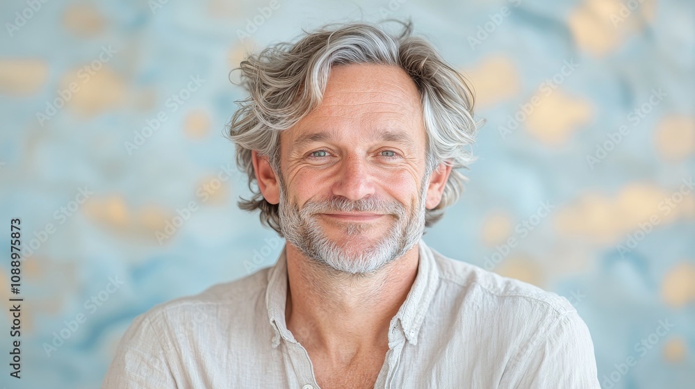 Poster smiling middle-aged man with gray hair against a soft abstract background capturing a warm and appro