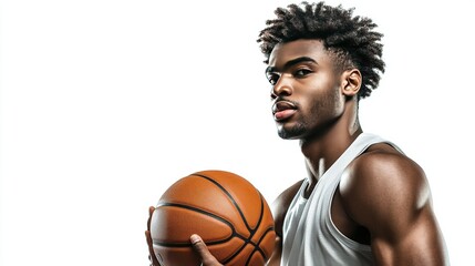 Obraz premium Basketball player standing holding a basketball on a white background.