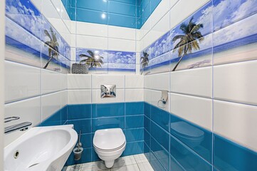 interior apartment room bathroom, sink, decorative elements, toilet. WC, sanitary unit, wash room