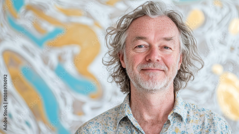 Poster portrait of a smiling man with curly hair against a colorful abstract background capturing warmth an
