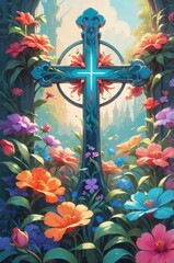  Ornate cross surrounded by colorful flowers in a spring garden