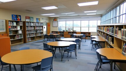 Modern Library Interior with Wooden Tables and Chairs, Bright Windows, and Bookshelves Filled with Colorful Books in a Comfortable Learning Environment