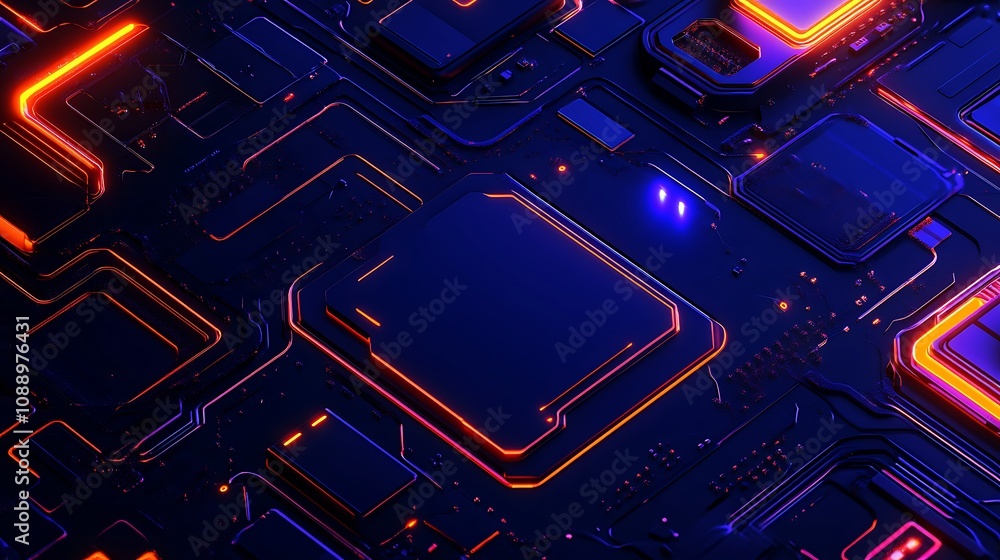 Poster abstract futuristic circuit board design with glowing neon lines and detailed microchip patterns in 