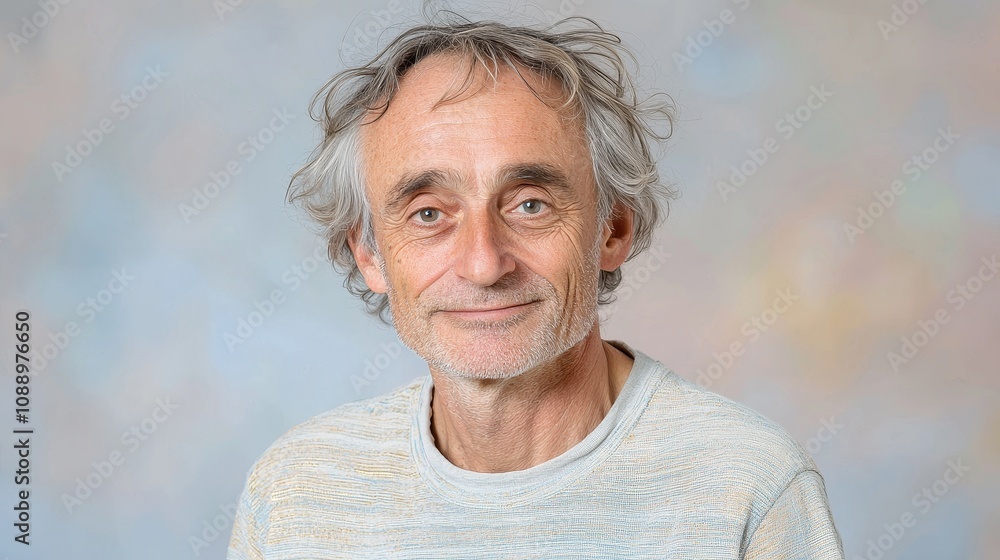 Poster portrait of a thoughtful individual with natural charm and distinctive features captured against a s