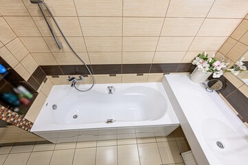 interior apartment room bathroom, sink, decorative elements, toilet. WC, sanitary unit, wash room