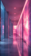 Empty modern corridor with pink neon lights emanating from a textured wall and reflecting on a polished floor