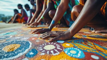 Aboriginal artists create a vibrant mural at a cultural event.
