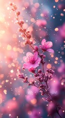 Beautiful pink flowers blooming on a branch in spring with sparkling golden bokeh lights creating a magical atmosphere