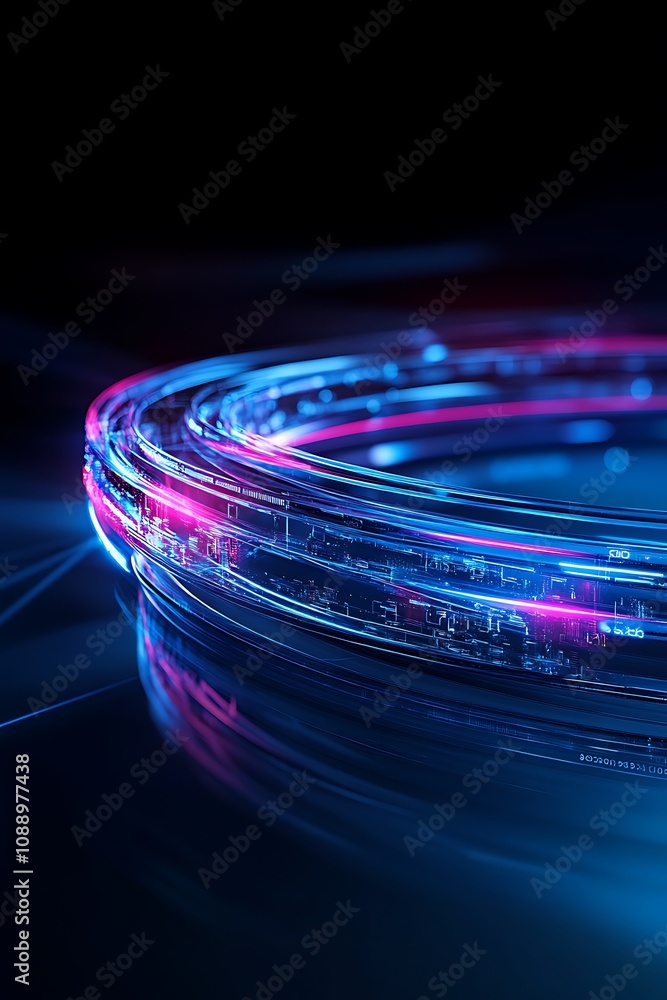 Poster abstract futuristic design with colorful light trails and reflections on a dark background, depictin