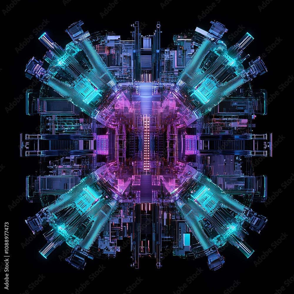 Poster abstract futuristic design showcasing vibrant technology patterns with neon colors and intricate sha