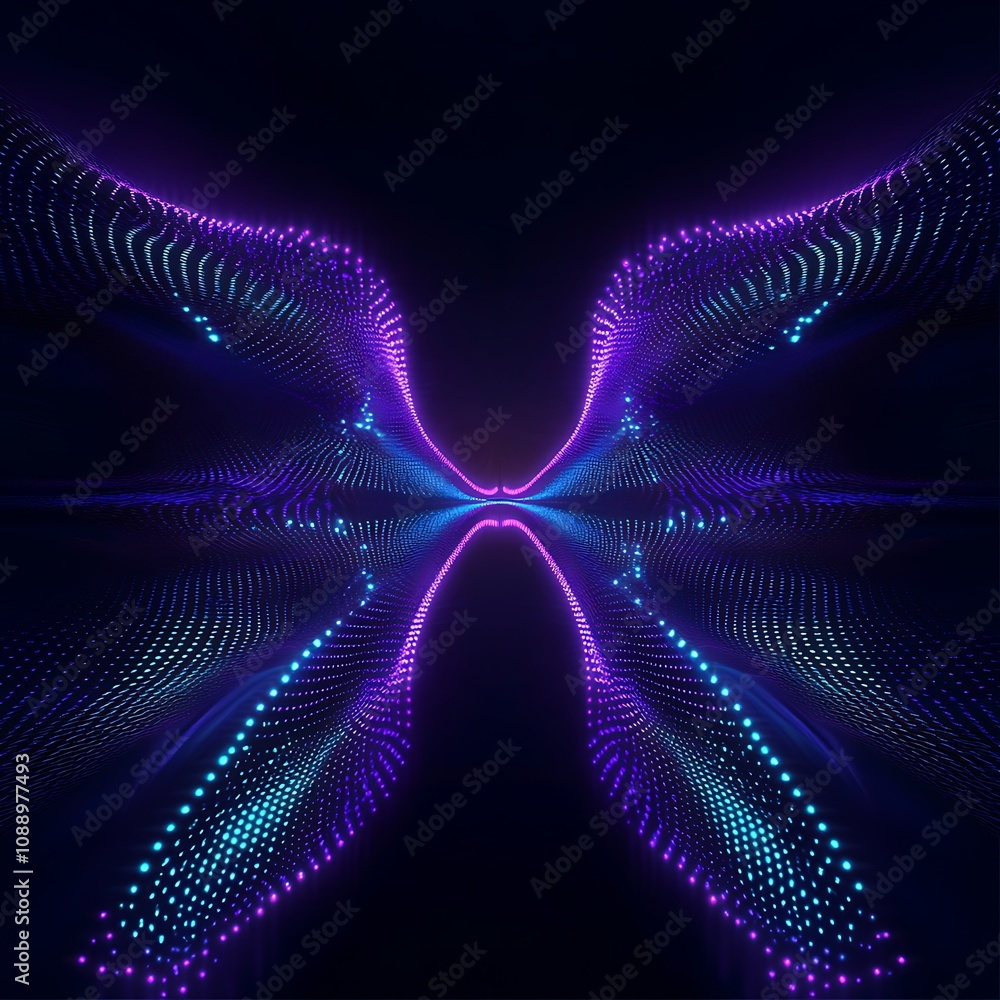 Poster abstract futuristic design with colorful lights and patterns in dark space, creating a vivid and mes
