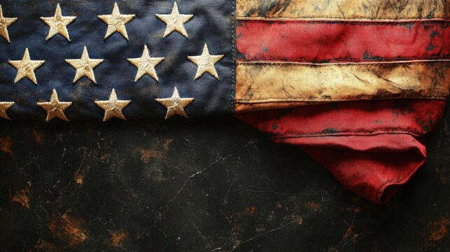 Distressed American Flag Elegantly Draped on Dark Background