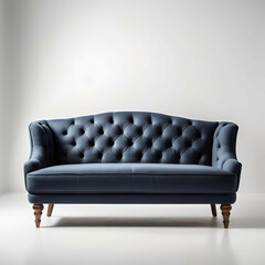 A luxurious tufted sofa in navy blue fabric with sleek wooden legs, placed on a white backdrop.